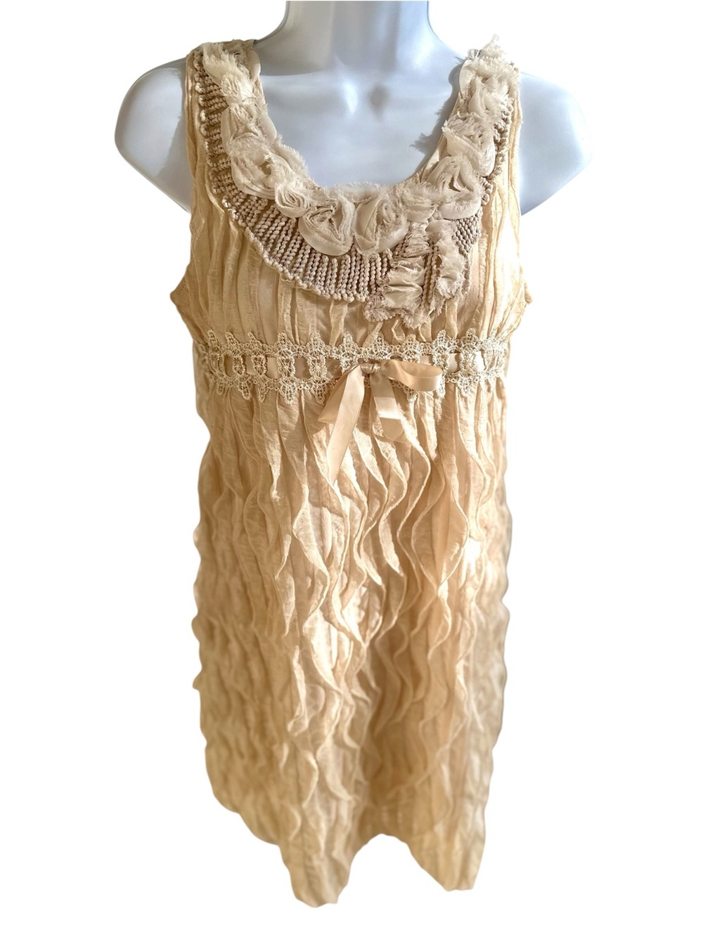 Forla Paris Beige Ruffle Mini Dress with Edged Floral Detailed Neckline